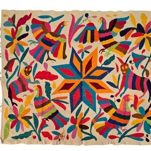 Vintage Otomi‎ Tenango Embroidery Mexican Fold Art Textile Wall Hanging 34"x28"